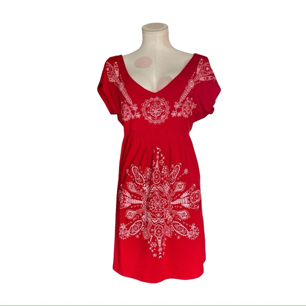 Red V-Neck Embroidered Women's Dress
